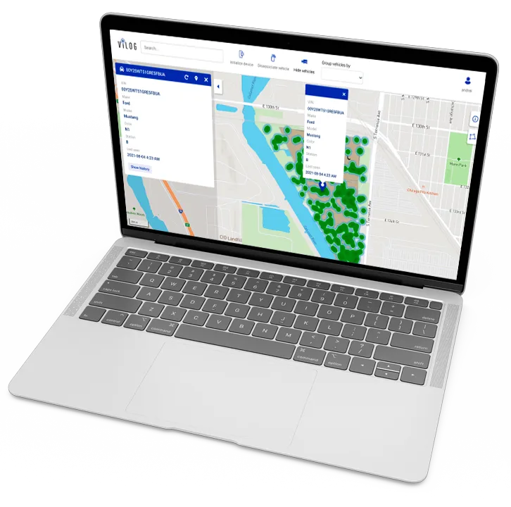 The ViLOG dashboard showing live vehicle positions on a site map